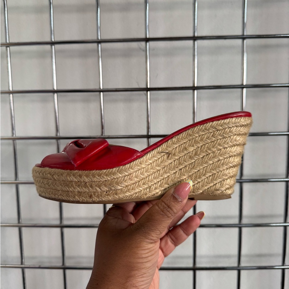 Valentino Mena Bow Hot Pink Patent Leather Wedge Espadrille Sandals Womens 38 - Picture 4 of 14